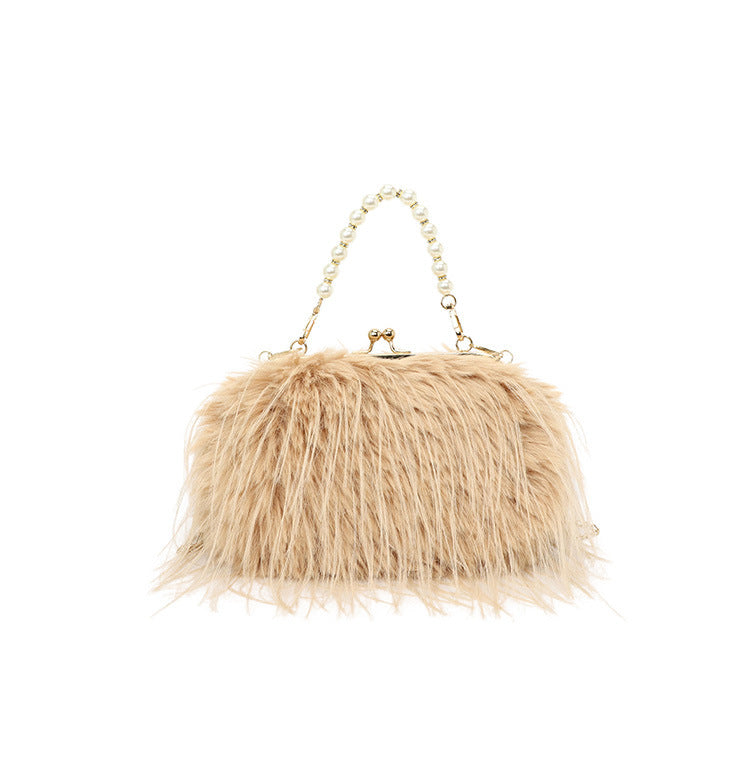 Bolso bandolera peludo con cadena de perlas de nicho versátil de alta calidad