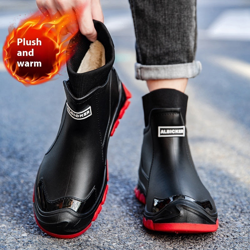 Botas de lluvia de terciopelo fijas de gran tamaño, elegantes zapatos de agua para hombres y mujeres al aire libre