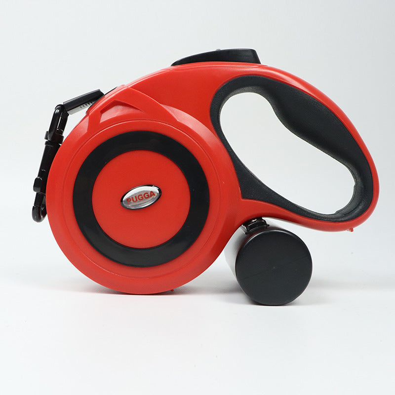 Correa de tracción para mascotas, telescópica automática con porta rollo de bolsas para heces.