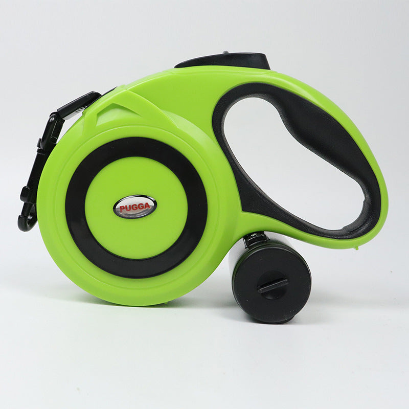Correa de tracción para mascotas, telescópica automática con porta rollo de bolsas para heces.