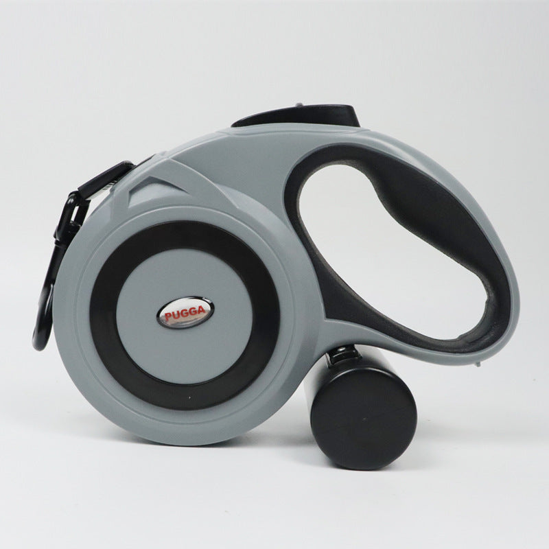 Correa de tracción para mascotas, telescópica automática con porta rollo de bolsas para heces.