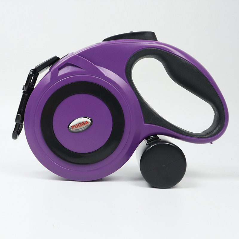 Correa de tracción para mascotas, telescópica automática con porta rollo de bolsas para heces.