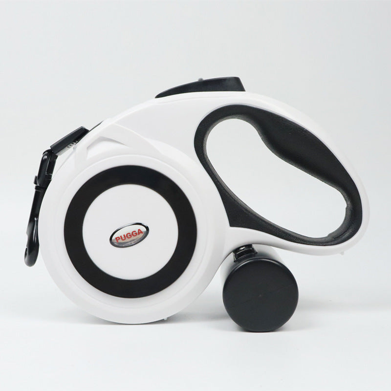 Correa de tracción para mascotas, telescópica automática con porta rollo de bolsas para heces.