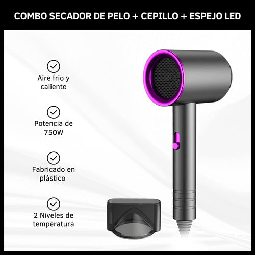 Combo Espejo Con Luz Led Secador De Pelo Y Cepillo Set