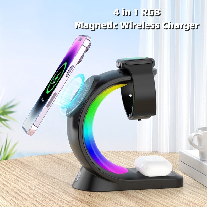 Cargador inalámbrico magnético 4 en 1, carga rápida para smartphones.
