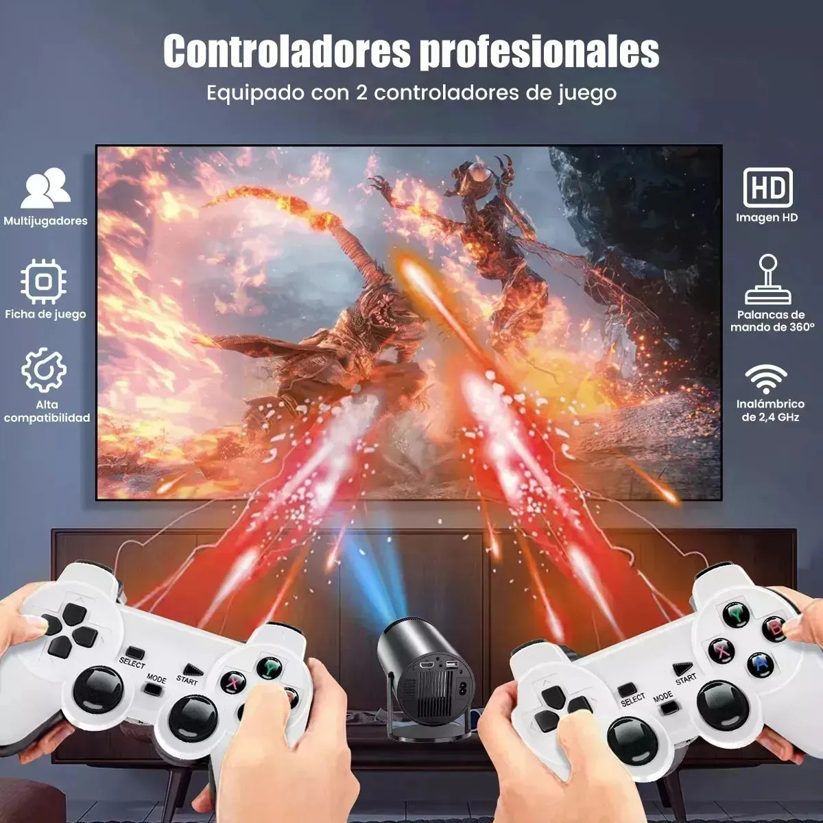 Proyector C/ Juego 4K y conexión WiFi 6 ultrarrápida. Incluye dos joysticks inalámbricos