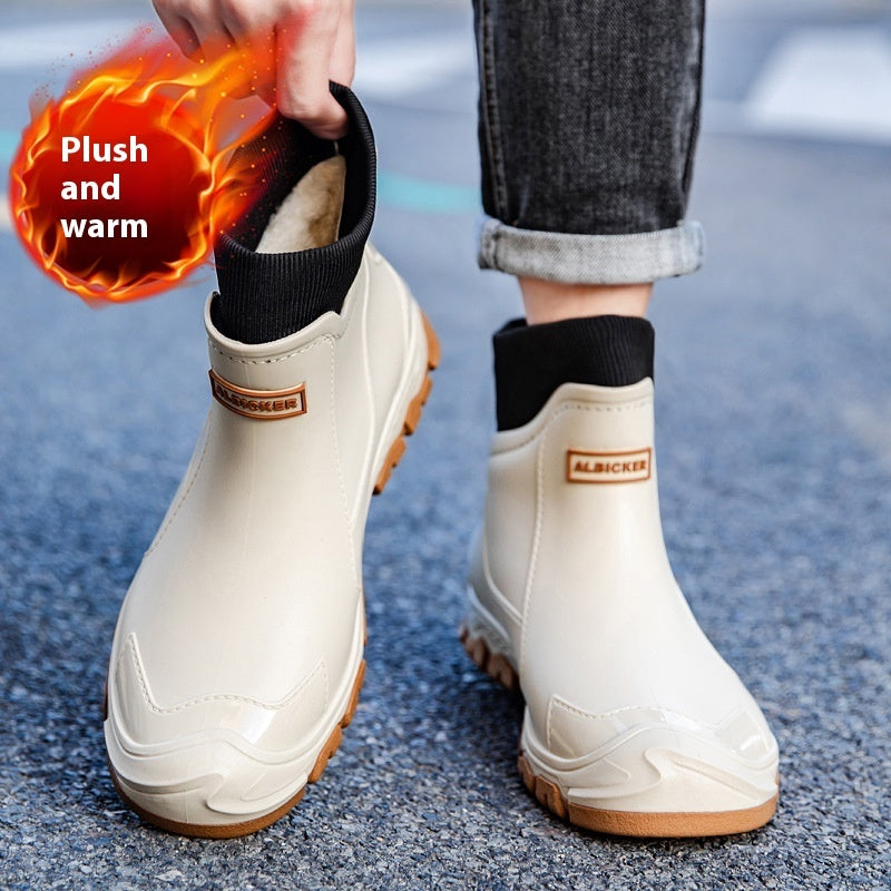 Botas de lluvia de terciopelo fijas de gran tamaño, elegantes zapatos de agua para hombres y mujeres al aire libre